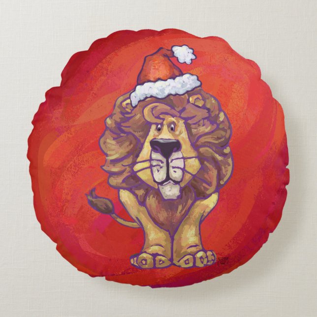Lion Christmas On Red Round Pillow (Front)