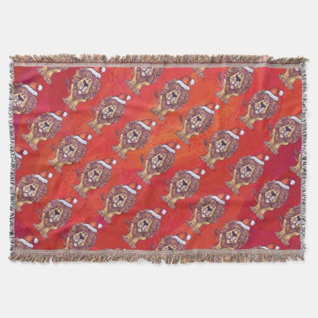 Lion Christmas On Red Throw Blanket (Front)