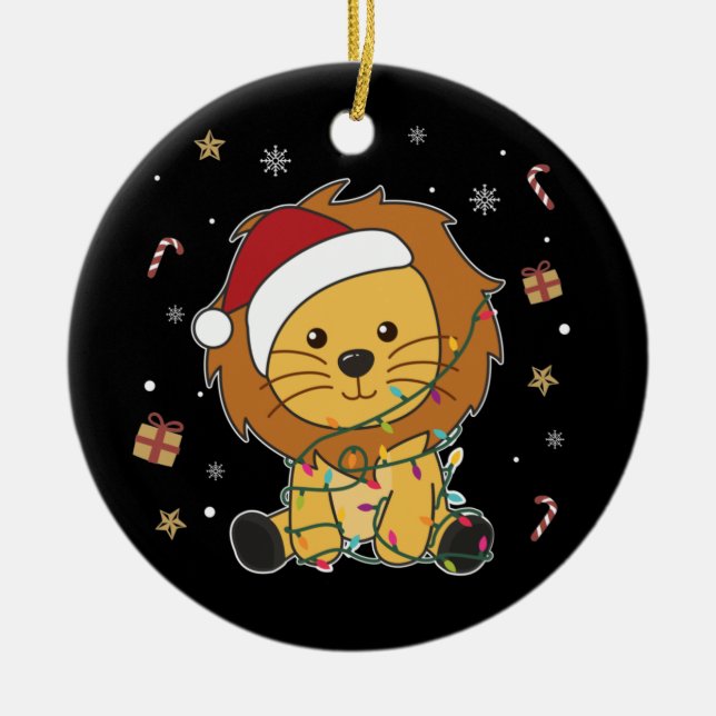 Lion Christmas Snow Winter Animals Lions Ceramic O Ceramic Ornament (Front)