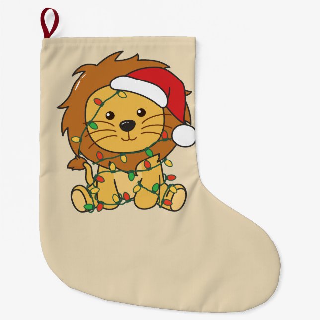 Lion Christmas Winter Animals Holiday Lions Large Christmas Stocking (Front)