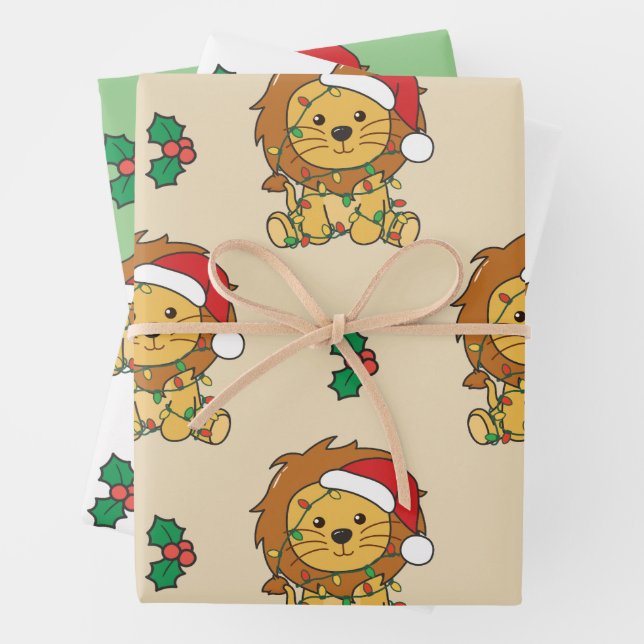 Lion Christmas Winter Animals Holiday Lions Wrapping Paper Sheets (In situ)