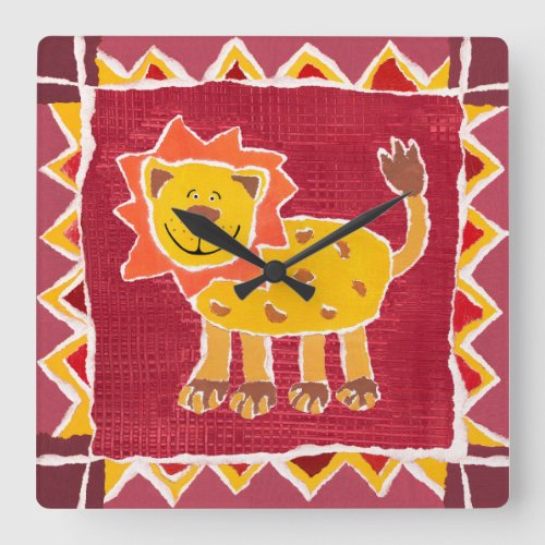 Lion Collage Print Jungle Safari Themed Square Wall Clock