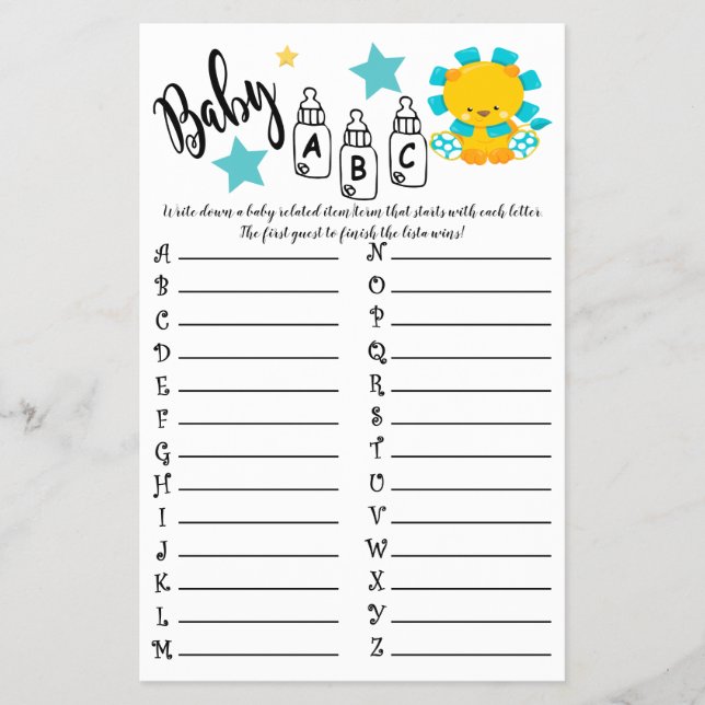 LION COLORFUL ABC BABY SHOWER GAME CARD FLYER (Front)