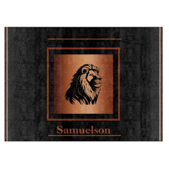 Lion Copper-Embellished Personalized Glass Cutting Board (Front)