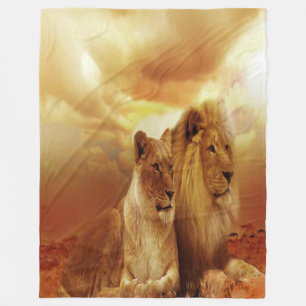 Lion Couple At Sunset Fleece Blanket