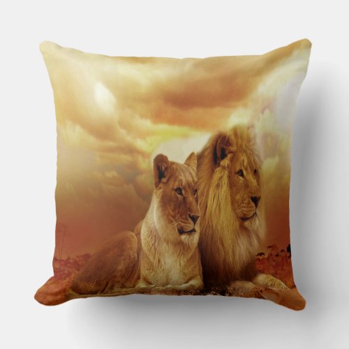 Lion Couple At Sunset Throw Pillow