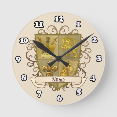 Lion Crest Fleur De Lis Shield surname Round Clock