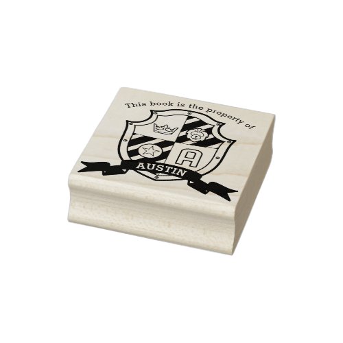Lion crest letter A kids library name rubber stamp