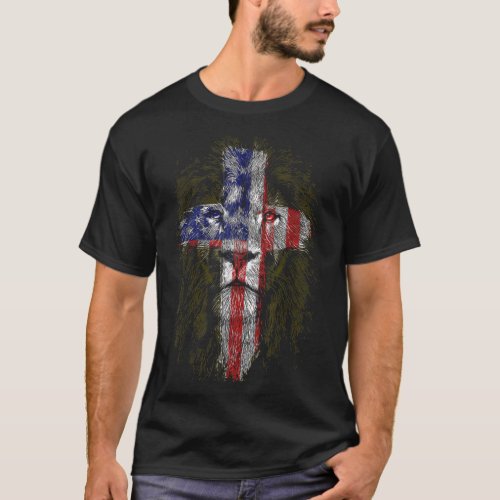 Lion Cross American Flag T_Shirt