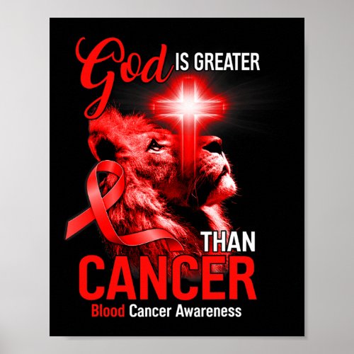 Lion Cross God Is Greater Than Cancer Red Ribbon  Poster