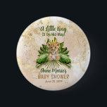 Lion Cub A Little King Is On His Way Baby Shower Button<br><div class="desc">Introducing our captivating "A Little King Is On His Way" Baby Shower Template Collection, where the adorable charm of a lion cub meets the lushness of a tropical jungle. Prepare to celebrate the imminent arrival of a precious baby boy with this enchanting design featuring a sweet lion cub resting on...</div>