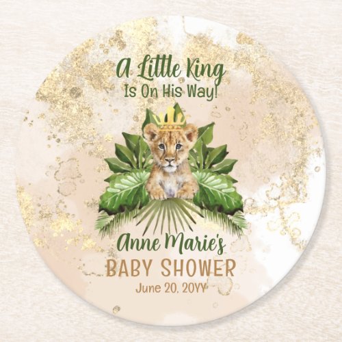 Lion Cub A Little King Is On His Way Baby Shower Round Paper Coaster