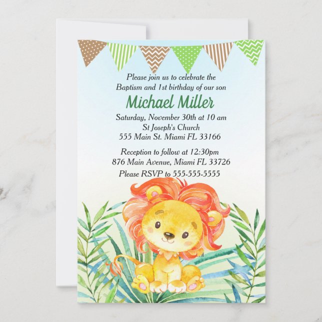 Lion Cub Baptism & 1st Birthday Invitation (Front)