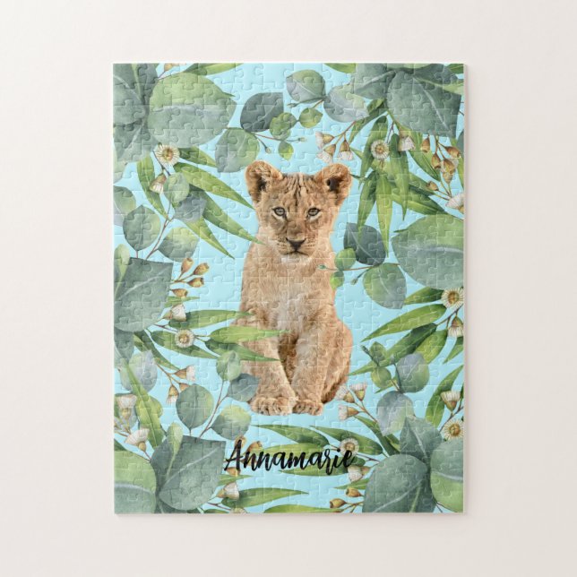 Lion Cub Cute Teal Jungle Green Forest Jigsaw Puzzle (Vertical)