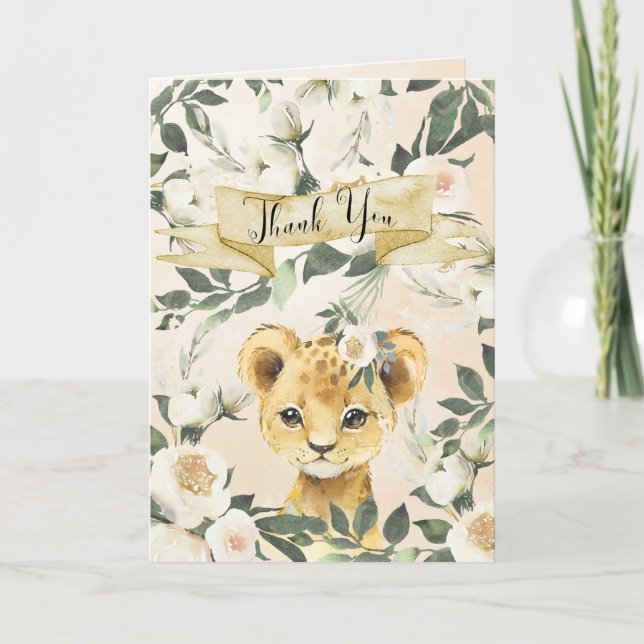 lion cub floral baby shower thank you card (Front)