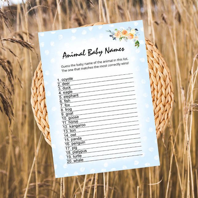 Lion Cub Floral Blue Animal Baby Names Shower Game Program (Creator Uploaded)