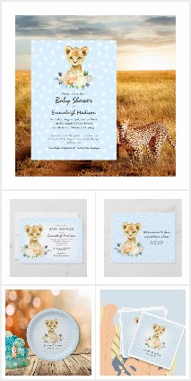 Lion Cub Floral Blue Baby Shower