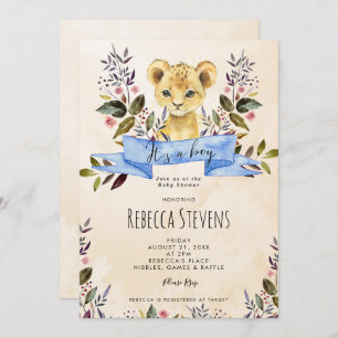 Lion cub floral boy baby shower invitation