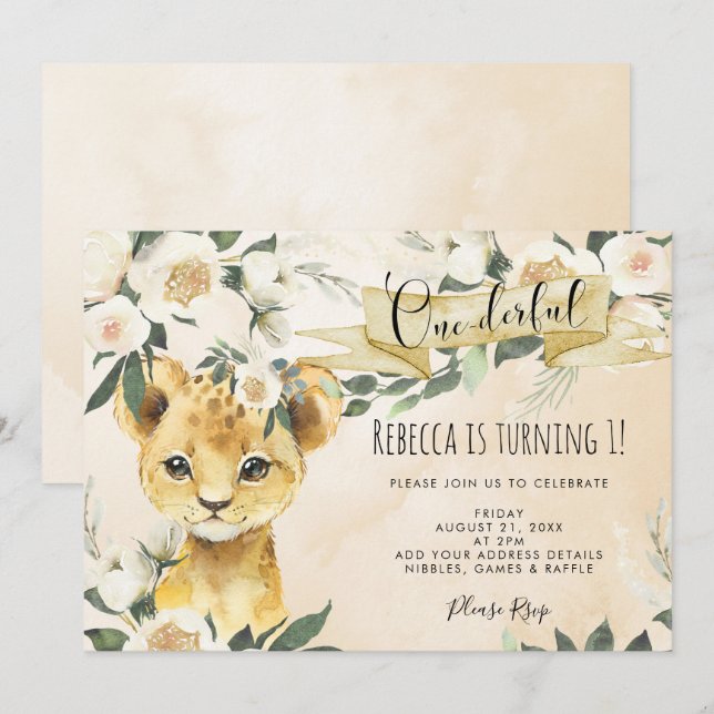 lion cub floral onederful 1st birthday invitation (Front/Back)