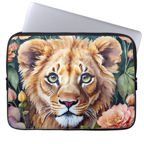 Lion Cub Floral Watercolor Art Laptop Sleeve