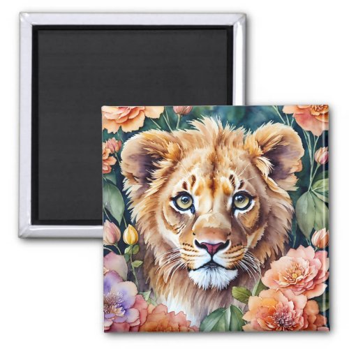 Lion Cub Floral Watercolor Art Magnet