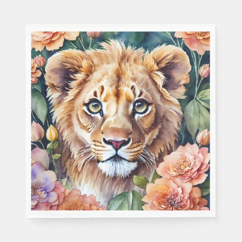 Lion Cub Floral Watercolor Art Napkins