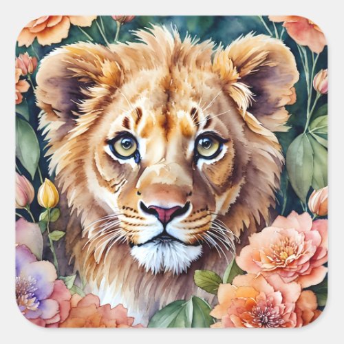 Lion Cub Floral Watercolor Art Square Sticker