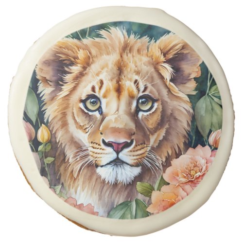 Lion Cub Floral Watercolor Art Sugar Cookie