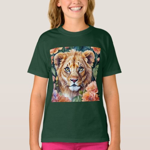 Lion Cub Floral Watercolor Art T_Shirt