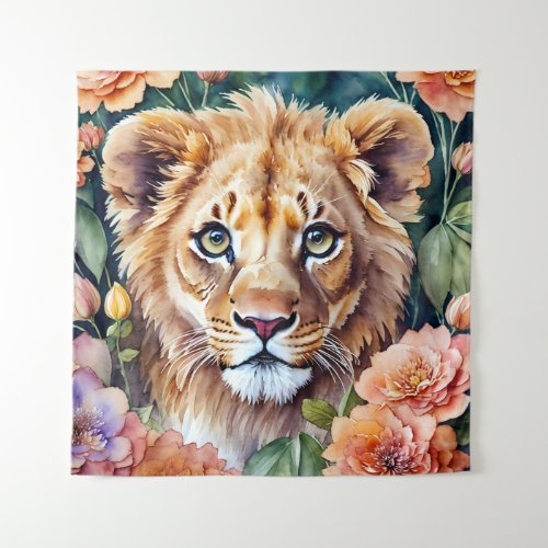 Lion Cub Floral Watercolor Art Tapestry