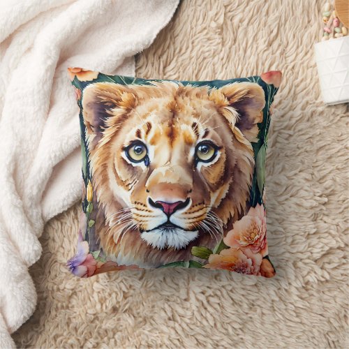 Lion Cub Floral Watercolor Art Throw Pillow