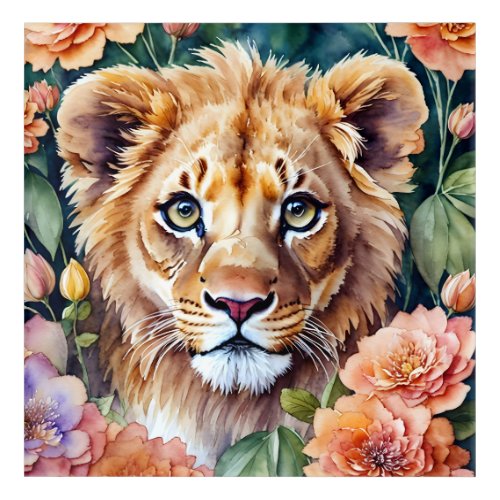 Lion Cub Floral Watercolor Painting Acrylic Print