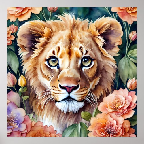 Lion Cub Floral Watercolor Painting Poster