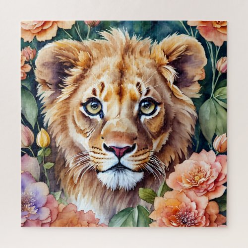 Lion Cub Floral Watercolor Portrait Art Jigsaw Puzzle