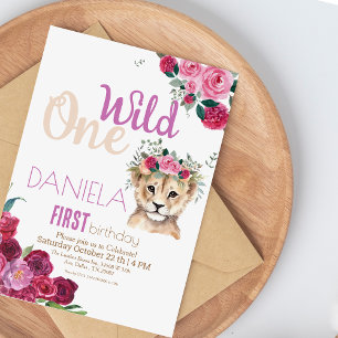 Lion cub Girl Flowers glitter 1st Birthday Party Invitation
