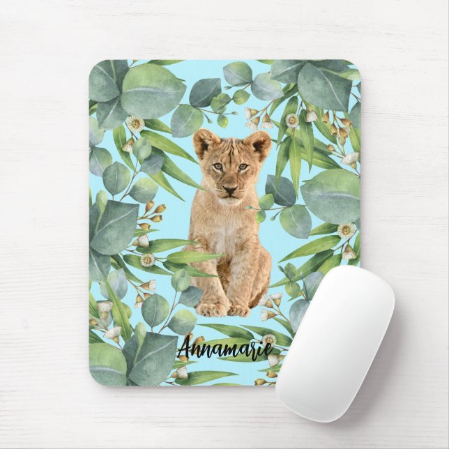 Lion Cub Green Forest Jungle Cute Teal Mouse Pad (With Mouse)