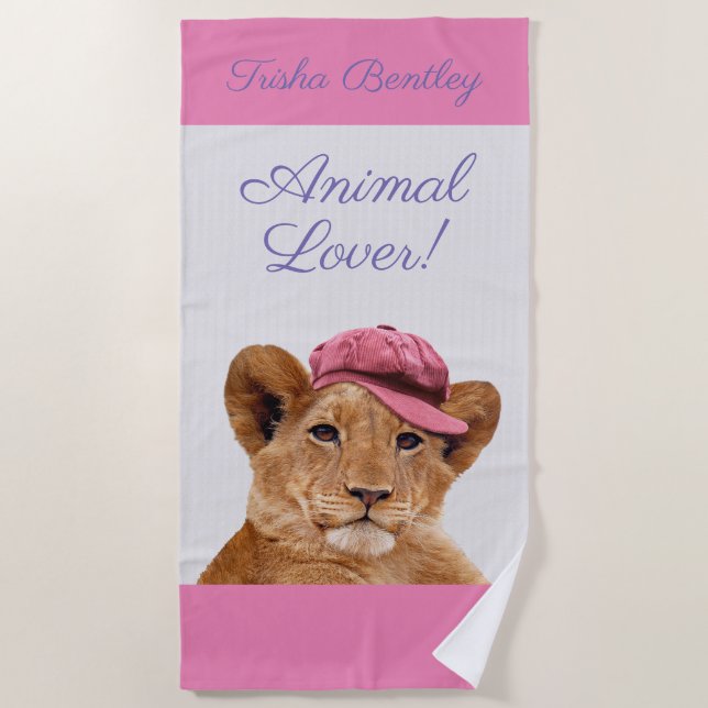 Lion Cub in Hat Personalize Name & Message Beach Towel (Front)