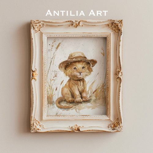 Lion Cub in Hat Whimsical Rustic Art Poster