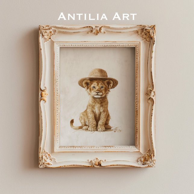 Lion Cub in Straw Hat Wild Animal Rustic Poster (Creator Uploaded)