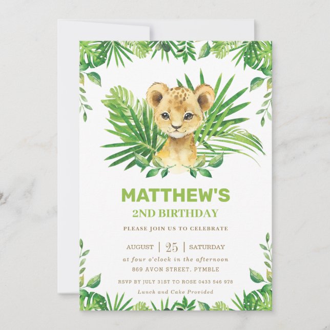 Lion Cub Jungle Tropical Greenery Birthday Party  Invitation (Front)