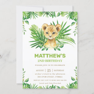 Lion Cub Jungle Tropical Greenery Birthday Party Invitation