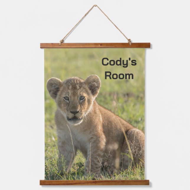 Lion Cub Personalize Name or Text Wood Hanging Tapestry (Front)