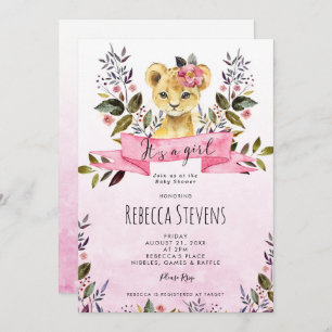 lion cub pink floral girl baby shower invitation