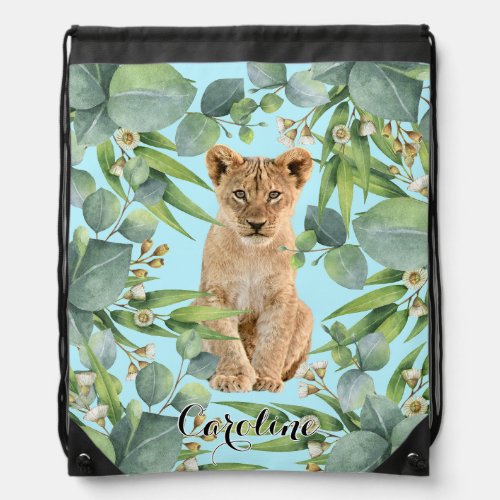 Lion Cub Teal Tropical Rain Forest Monogram Drawstring Bag
