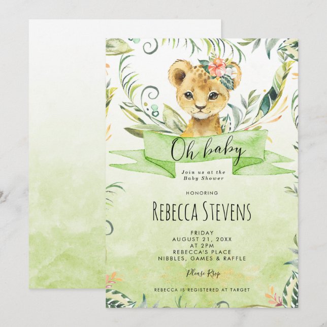 Lion cub tropical jungle baby shower invitation (Front/Back)