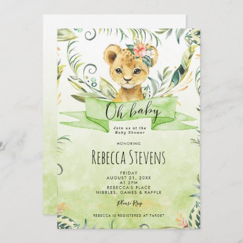 Lion cub tropical jungle baby shower invitation