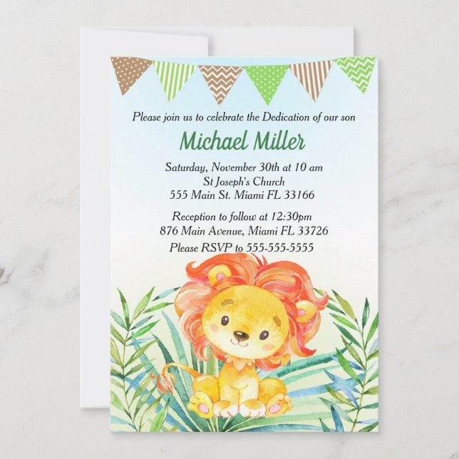Lion Cub Watercolor Baby Dedication Invitation (Front)