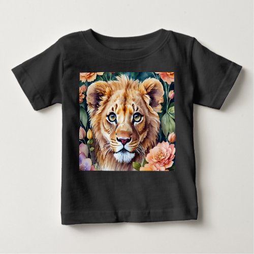 Lion Cub Watercolor Floral Art Baby T_Shirt