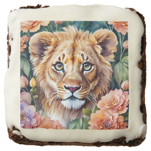 Lion Cub Watercolor Floral Art Brownie