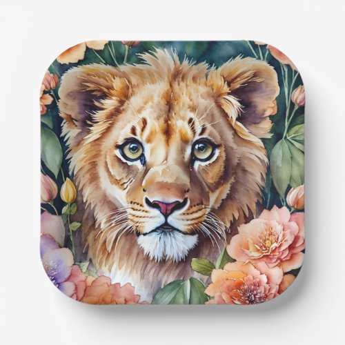 Lion Cub Watercolor Floral Art Paper Plates